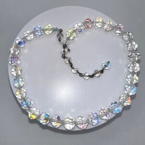 1950s vintage clear faceted glass aurora borealis AB beads beaded necklace